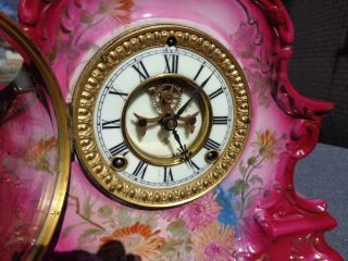 Antique Ansonia Red Royal Bonn Porcelain Mantle Shelf Clock Vibrant Runs Well 10