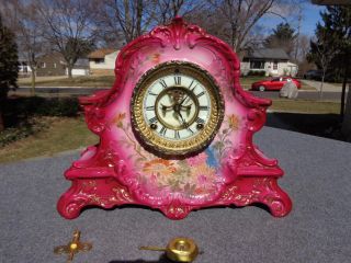 Antique Ansonia Red Royal Bonn Porcelain Mantle Shelf Clock Vibrant Runs Well