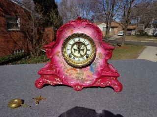 Antique Ansonia Red Royal Bonn Porcelain Mantle Shelf Clock Vibrant Runs Well 2