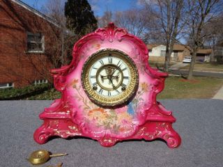 Antique Ansonia Red Royal Bonn Porcelain Mantle Shelf Clock Vibrant Runs Well 3