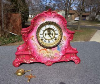 Antique Ansonia Red Royal Bonn Porcelain Mantle Shelf Clock Vibrant Runs Well 4