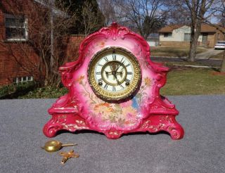 Antique Ansonia Red Royal Bonn Porcelain Mantle Shelf Clock Vibrant Runs Well 5