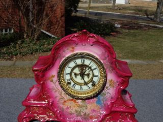 Antique Ansonia Red Royal Bonn Porcelain Mantle Shelf Clock Vibrant Runs Well 6
