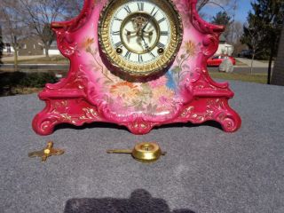 Antique Ansonia Red Royal Bonn Porcelain Mantle Shelf Clock Vibrant Runs Well 7