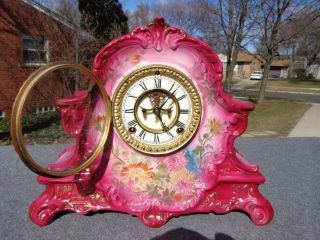 Antique Ansonia Red Royal Bonn Porcelain Mantle Shelf Clock Vibrant Runs Well 8