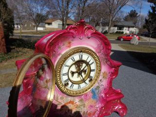 Antique Ansonia Red Royal Bonn Porcelain Mantle Shelf Clock Vibrant Runs Well 9