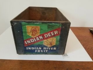 Rare Antique Vintage Indian Deer River Fruit Wood Wooden Crate Box Paper Labels