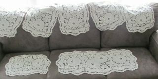 Set White Embroidered Cutwork Linen Table Runner & Six Placemats