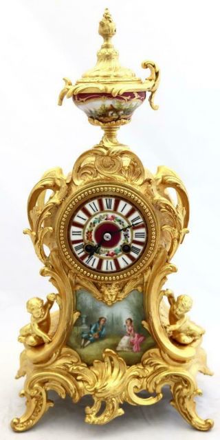 Antique Mantle Clock Exceptional French Red Sevres & Gilt Bell Striking C1880