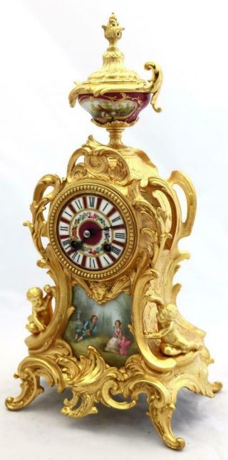 Antique Mantle Clock Exceptional French Red Sevres & Gilt Bell Striking C1880 2
