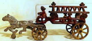 Antique 7½ " Cast Iron Horse Drawn Fire Wagon,  2 - Piece,  Orig Paint C1910s