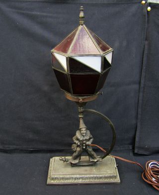 Art Deco Jester Clown Lamp With Stained Glass Shade 1930s