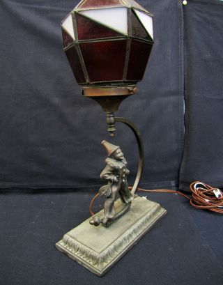 Art Deco Jester Clown Lamp with Stained Glass Shade 1930s 4