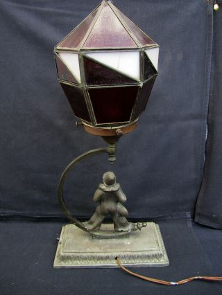 Art Deco Jester Clown Lamp with Stained Glass Shade 1930s 5