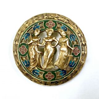 Large Ornate Brass Open - Work Button Of The 3 Graces Set In An Enamel Border