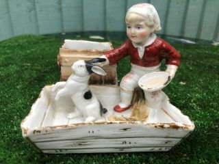 19thc Ceramic Match Holder,  Striker: Boy Holding Rabbit By Ears C1890s