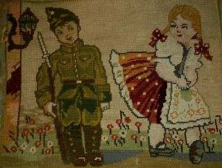 Antique Vintage Ww1 Ww2 Military Embroidered Tapestry Soldier & A Naughty Girl