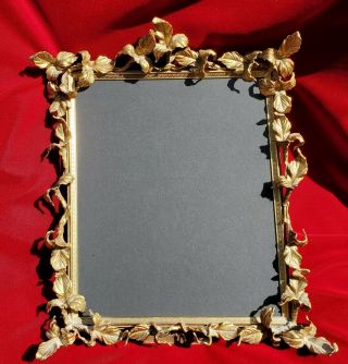 Antique Vintage Gold Gilt Metal Easel Back Table Vanity Mirror Frame Signed