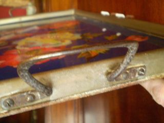 STUNNING ART DECO PEWTER & GLASS DRINKS TRAY WITH COLOURED LOVE BIRDS DESIGN 4