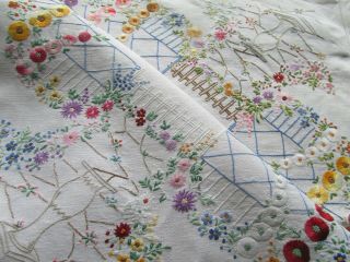 Vintage Hand Embroidered Linen Tablecloth 51 " X49 " - Outstanding With Detail