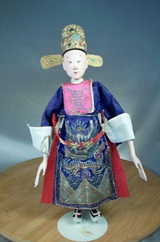 Antique Carved Wood Oriental Chinese Opera Doll Elaborate Silk From Doll Museum 2