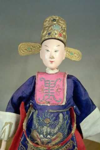 Antique Carved Wood Oriental Chinese Opera Doll Elaborate Silk From Doll Museum 3