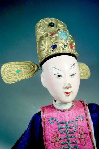 Antique Carved Wood Oriental Chinese Opera Doll Elaborate Silk From Doll Museum 5