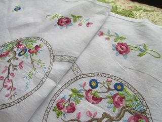 Vintage Hand Embroidered Linen Tree of Life Tablecloth 41 