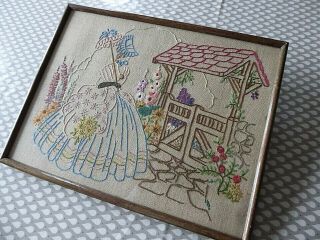Vintage Hand Embroidered Picture Of Embroidered Crinoline Lady - Framed