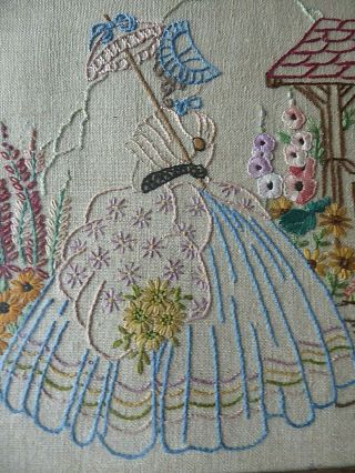 VINTAGE HAND EMBROIDERED PICTURE OF EMBROIDERED CRINOLINE LADY - FRAMED 2