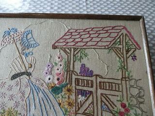 VINTAGE HAND EMBROIDERED PICTURE OF EMBROIDERED CRINOLINE LADY - FRAMED 3