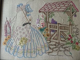 VINTAGE HAND EMBROIDERED PICTURE OF EMBROIDERED CRINOLINE LADY - FRAMED 4