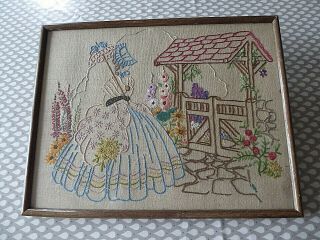 VINTAGE HAND EMBROIDERED PICTURE OF EMBROIDERED CRINOLINE LADY - FRAMED 5