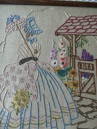VINTAGE HAND EMBROIDERED PICTURE OF EMBROIDERED CRINOLINE LADY - FRAMED 6