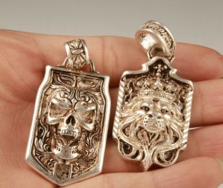 2 Retro Chinese Tibetan Silver Hand - Carved Skull Lion Statue Pendant Gift