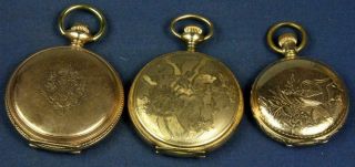 B 810.  3 Vintage Hunting Case Pocket Watches 0 Size And 2 Of 6 Size All Elgin