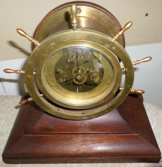 Rare Antique Waterbury Usa Ships Wheel & Bell 8 Day Brass & Wood Mantel Clock