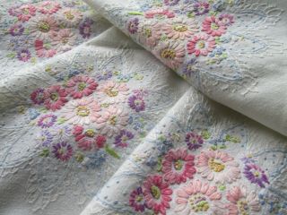 Vintage Hand Embroidered Linen Tablecloth - Prettiest Floral Pastel Shades