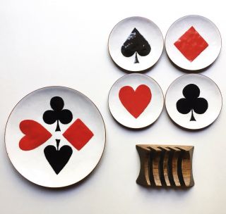 Vintage Annemarie Davidson Enamel Tray & Coasters Set,  Playing Cards Suits 1960s