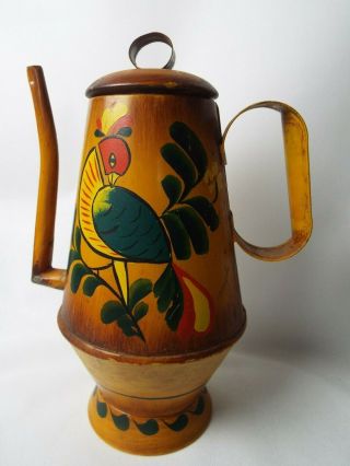 Pennsylvania Folk Art 11.  5 " Tole Hand Painted Tin Coffee Toleware Tea Pot Bird