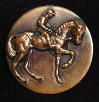 Large Antique Button Race Horse & Jockey In Copper W High Relief
