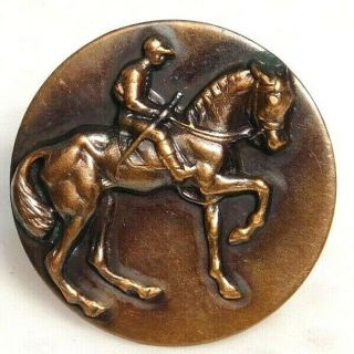LARGE Antique BUTTON Race Horse & Jockey in Copper w High Relief 2