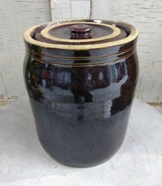 Antique Crock Stoneware With Lid Brown Glazed Interior & Exterior