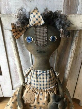 Primitive Black Doll With Kitty Button Eyes Folk Art Doll