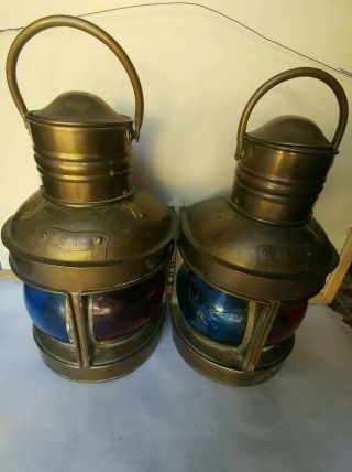 Rare Pair 2 Antique Port Nautical Boat Ship Oil Lanterns Red & Blue Glass
