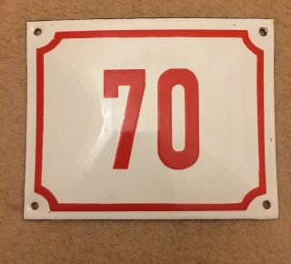 Vintage Enamel Metal House Cottage Flat Number 70 Sign Plaque Red White Birthday