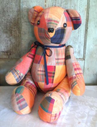 23 " Home Made Patchwork Quilt Teddy Bear Ooak Fall Plaid Colors Adorable Henry