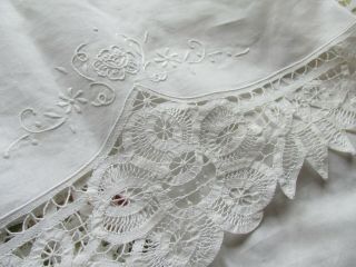 Vintage Hand Embroidered Princess Tape Lace Tablecloth - 68 " X50 "