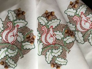 Vintage Irish Linen Hand Embroidered Tablecloth Squirrel/oak Leaves/acorns
