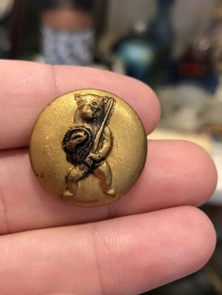 Rare Antique Teddy Roosevelt Bear With Hat & Rifle Embossed Brass Button